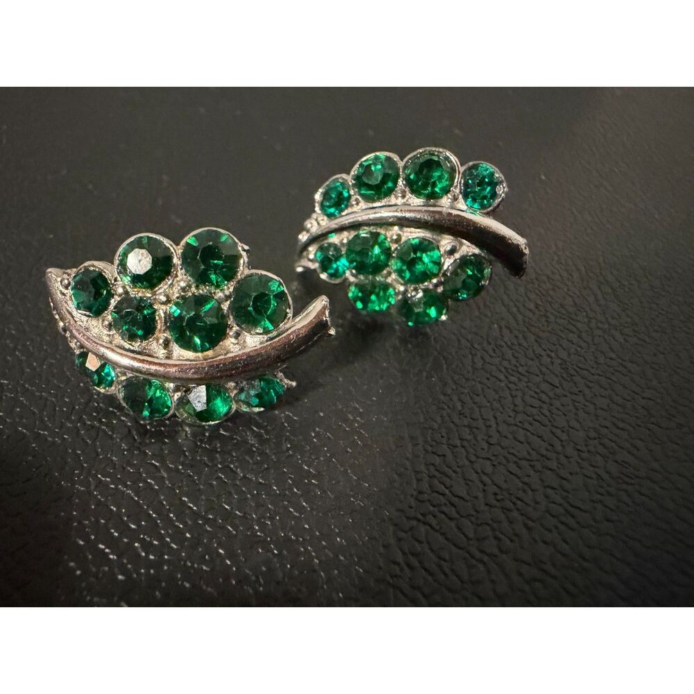 Vintage BOGOFF Emerald Green Rhinestone Screw Back Earrings Signed